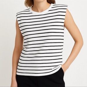 Anthropologie Maeve Black and White Striped Muscle Tee with Shoulder Pads
